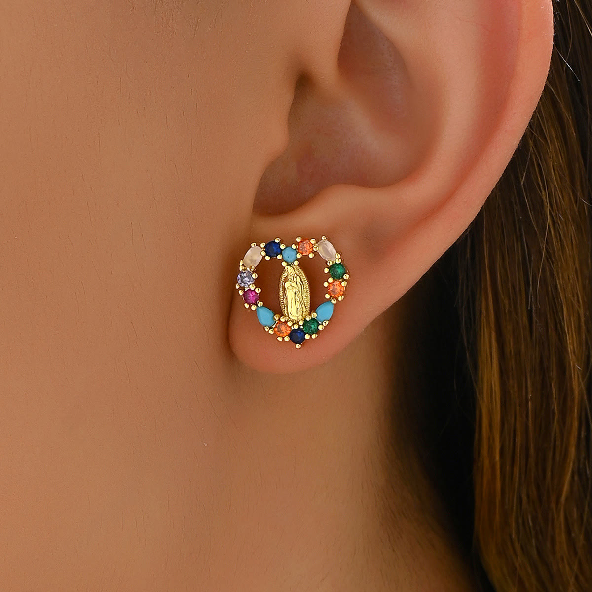 Sparkling Halo Heart Our Lady of Guadalupe Stud Earrings: Celestial Emblem of Maternal Grace