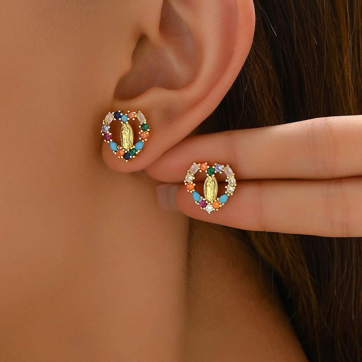 Sparkling Halo Heart Our Lady of Guadalupe Stud Earrings: Celestial Emblem of Maternal Grace