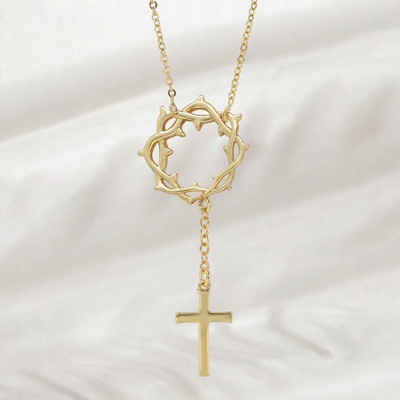 Crown of Thorns Lariat Necklace with Polished Cross: Emblem of Sacred Redemptive Grace