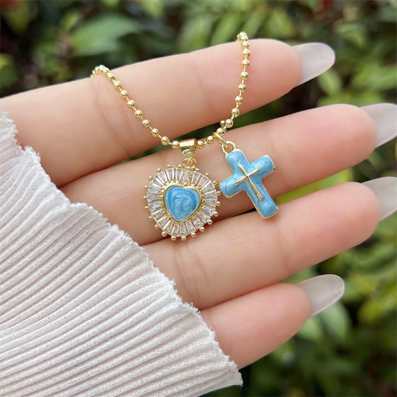 Enamel Heart & Cross Dual Charm Ball Chain Necklace: Emblem of Tender Heavenly Mercy