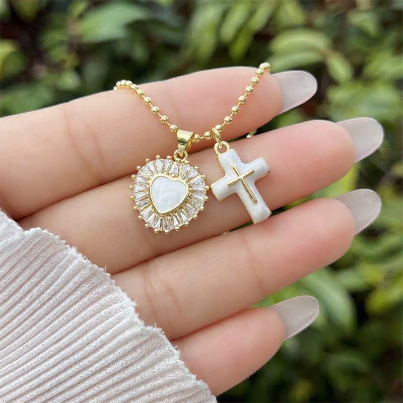 Enamel Heart & Cross Dual Charm Ball Chain Necklace: Emblem of Tender Heavenly Mercy