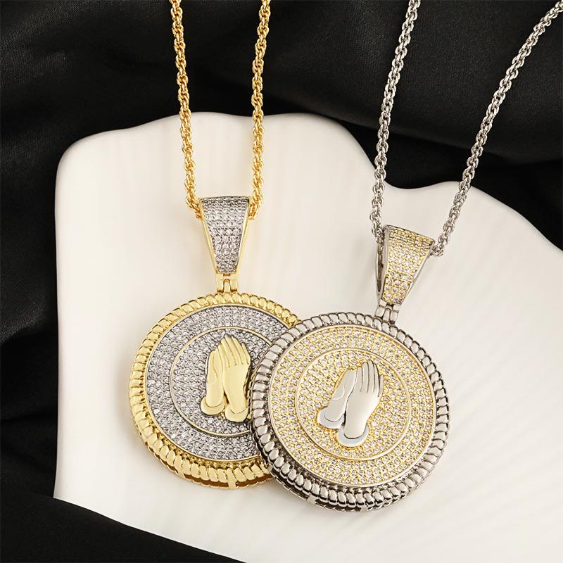 Iced Praying Hands Round Medallion Necklace: Emblem of Sincere Heavenly Supplication