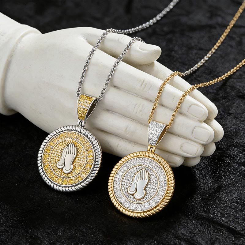 Iced Praying Hands Round Medallion Necklace: Emblem of Sincere Heavenly Supplication