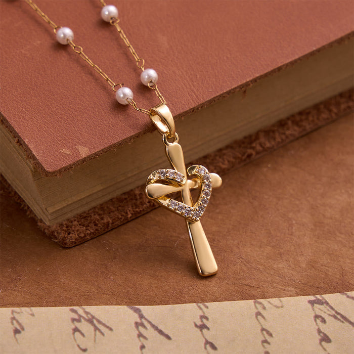 Pearl Station Chain Pavé Heart Wrapped Cross Necklace: Emblem of Wholehearted Heavenly Affection