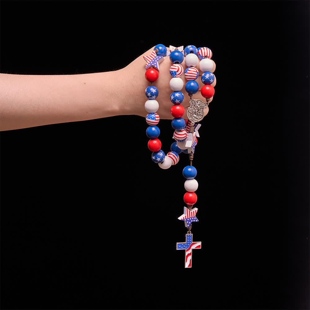 Two-Style Patriotic American Flag Cross Rosary with Red White Blue Stars & Stripes Beads