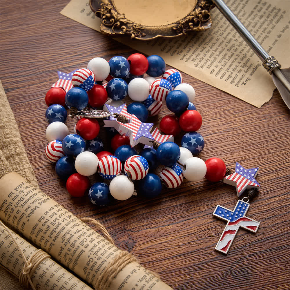 Two-Style Patriotic American Flag Cross Rosary with Red White Blue Stars & Stripes Beads
