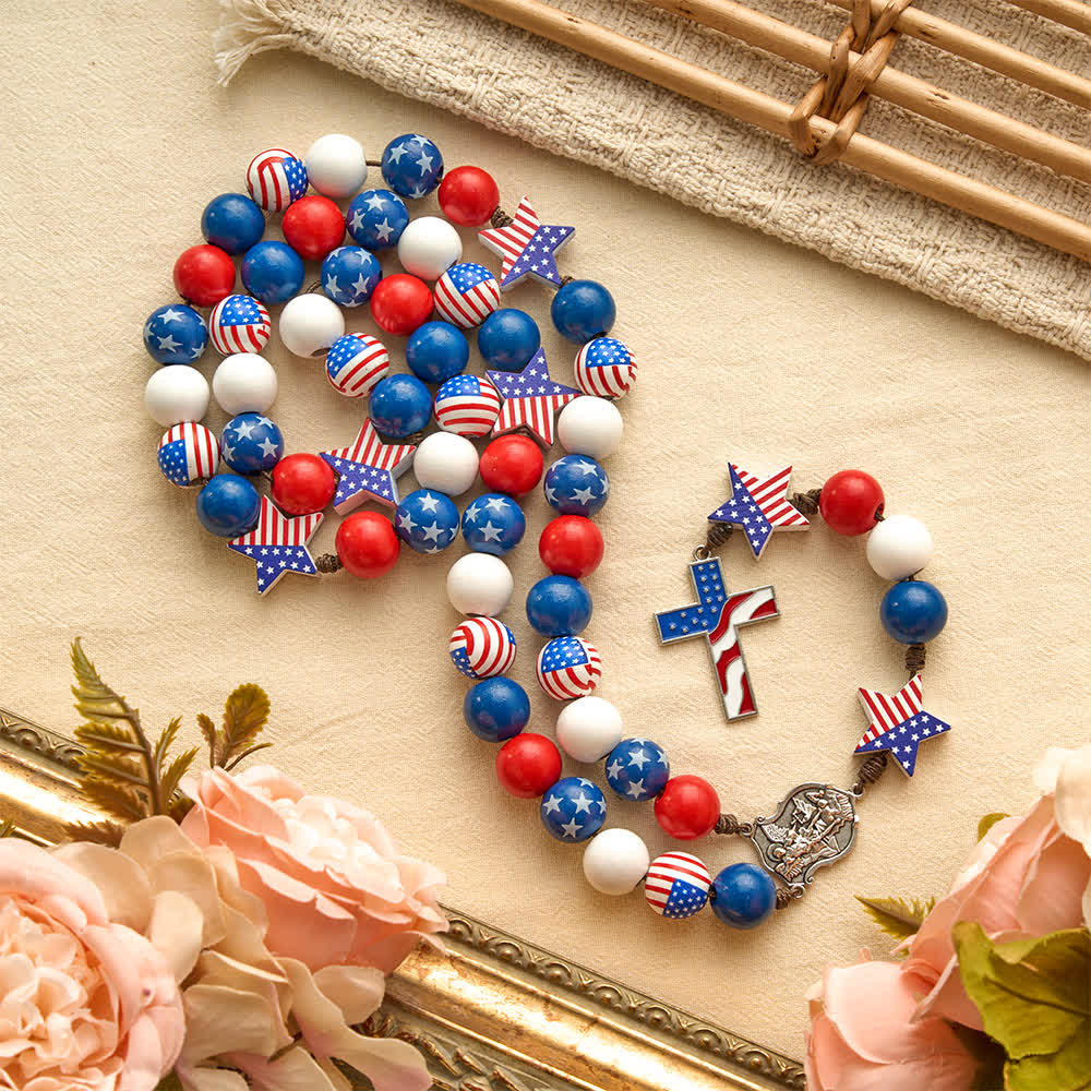 Two-Style Patriotic American Flag Cross Rosary with Red White Blue Stars & Stripes Beads