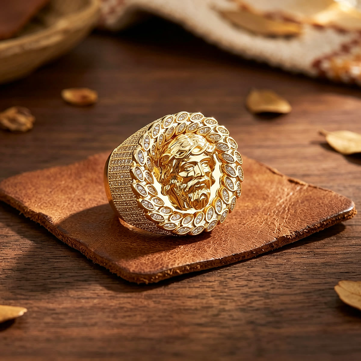 Iced Pave Halo Sculpted Portrait Statement Ring: Emblem of Enduring Heavenly Compassion