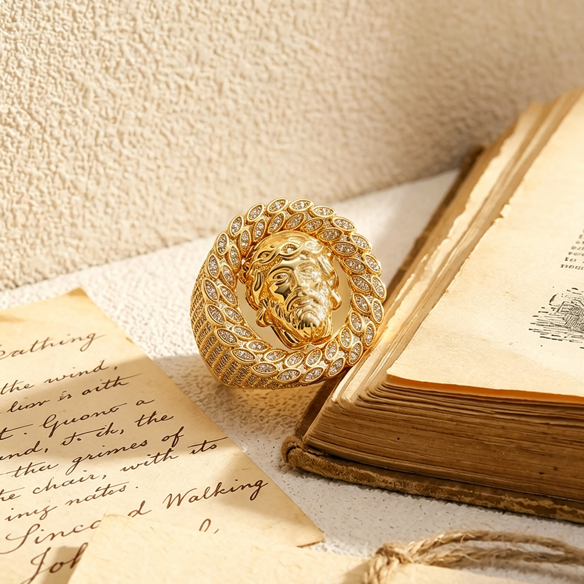 Iced Pave Halo Sculpted Portrait Statement Ring: Emblem of Enduring Heavenly Compassion