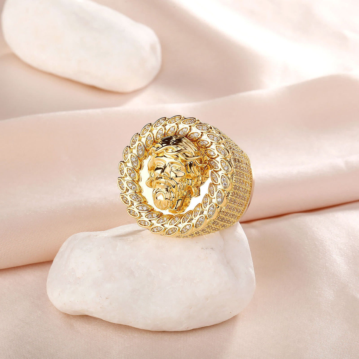 Iced Pave Halo Sculpted Portrait Statement Ring: Emblem of Enduring Heavenly Compassion