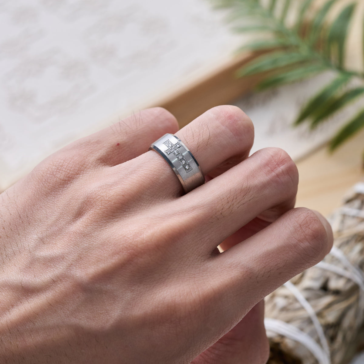 Sleek Wide Band Jeweled Cross Ring: Token of Calming Divine Guidance