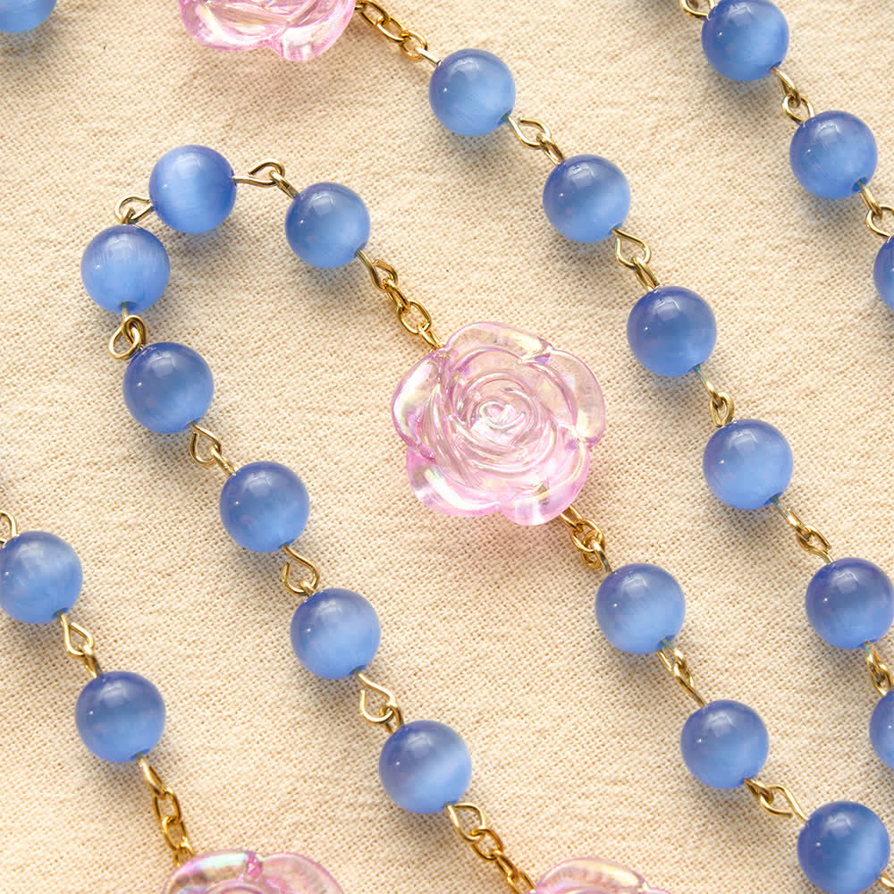 Blue Cat’s Eye Rose Rosary With Our Lady Medal: Token of Gentle Heavenly Mercy