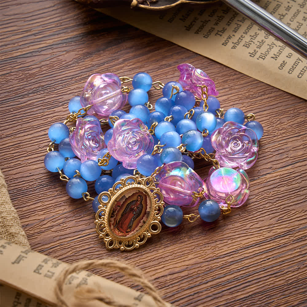 Blue Cat’s Eye Rose Rosary With Our Lady Medal: Token of Gentle Heavenly Mercy