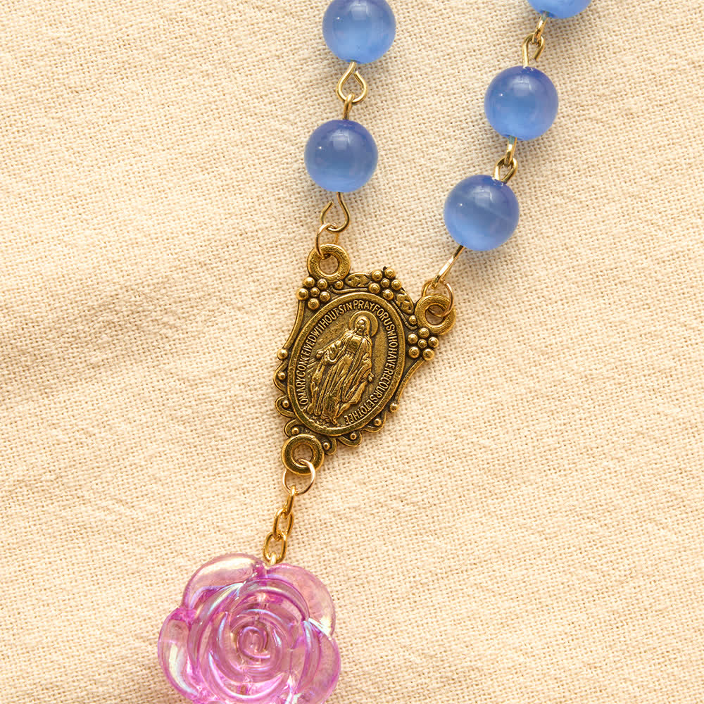 Blue Cat’s Eye Rose Rosary With Our Lady Medal: Token of Gentle Heavenly Mercy