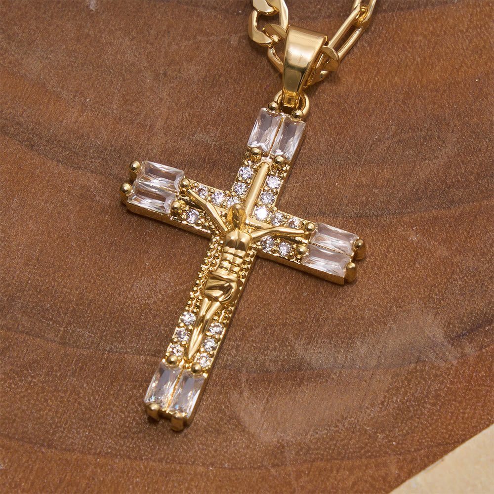 Baguette Crystal Crucifix Figaro Chain Necklace: Emblem of Everlasting Divine Mercy