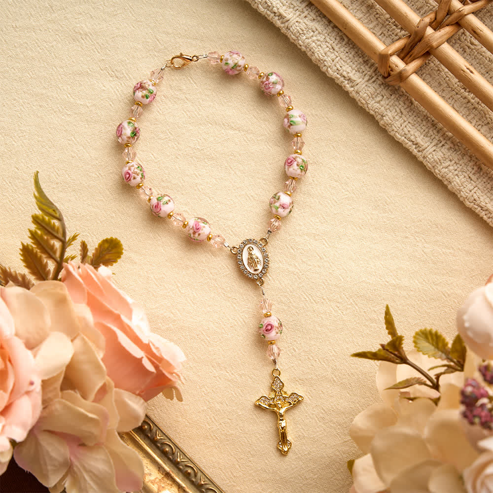 Floral Painted Glass Pocket Car Rosary With Rhinestone Crucifix: Emblem of Gentle Heavenly Peace
