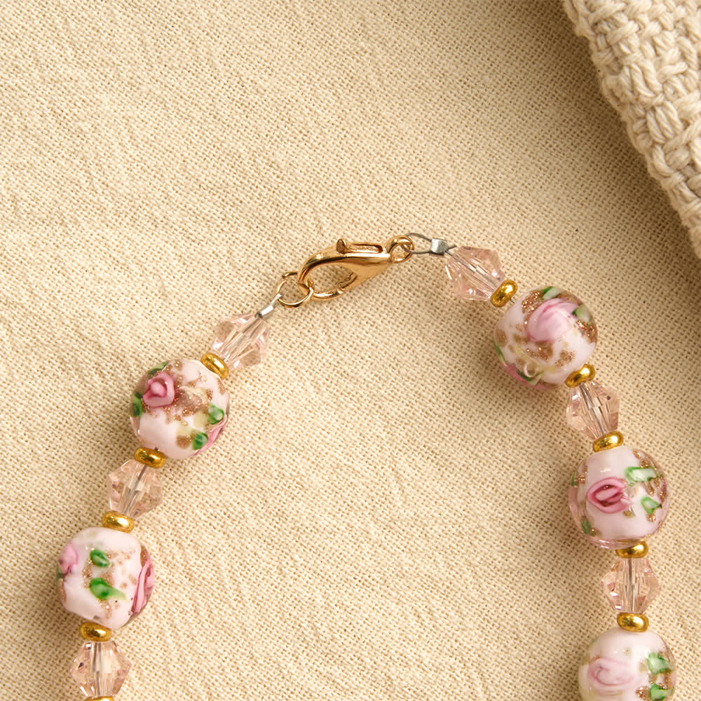 Floral Painted Glass Pocket Car Rosary With Rhinestone Crucifix: Emblem of Gentle Heavenly Peace