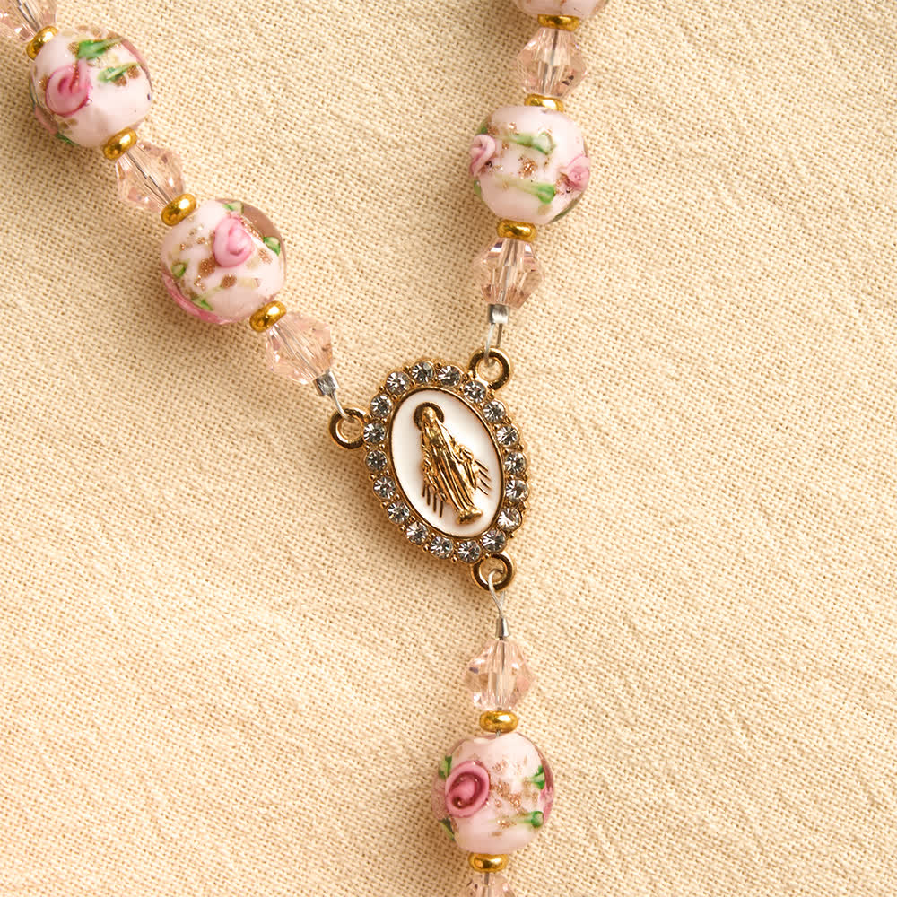 Floral Painted Glass Pocket Car Rosary With Rhinestone Crucifix: Emblem of Gentle Heavenly Peace