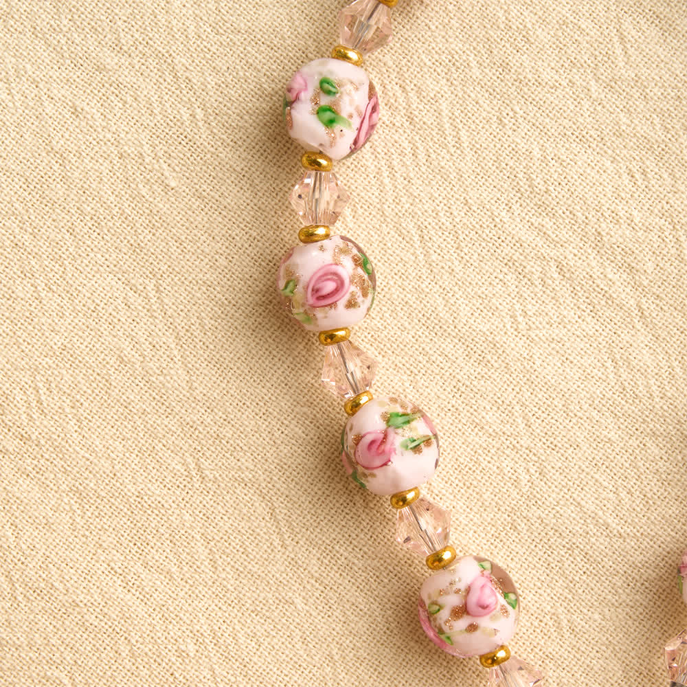Floral Painted Glass Pocket Car Rosary With Rhinestone Crucifix: Emblem of Gentle Heavenly Peace
