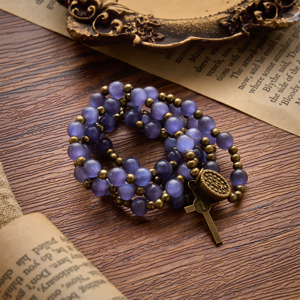 Lustrous Purple Cat’s Eye Rosary Bracelet: Bearer of Soft Heavenly Blessings
