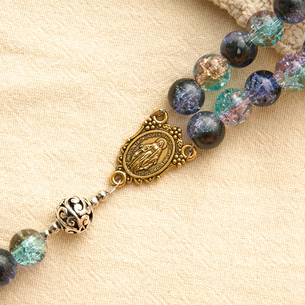 Galaxy Tone Crackle Glass Rosary With Inscribed Crucifix: Emblem of Timeless Sacred Grace
