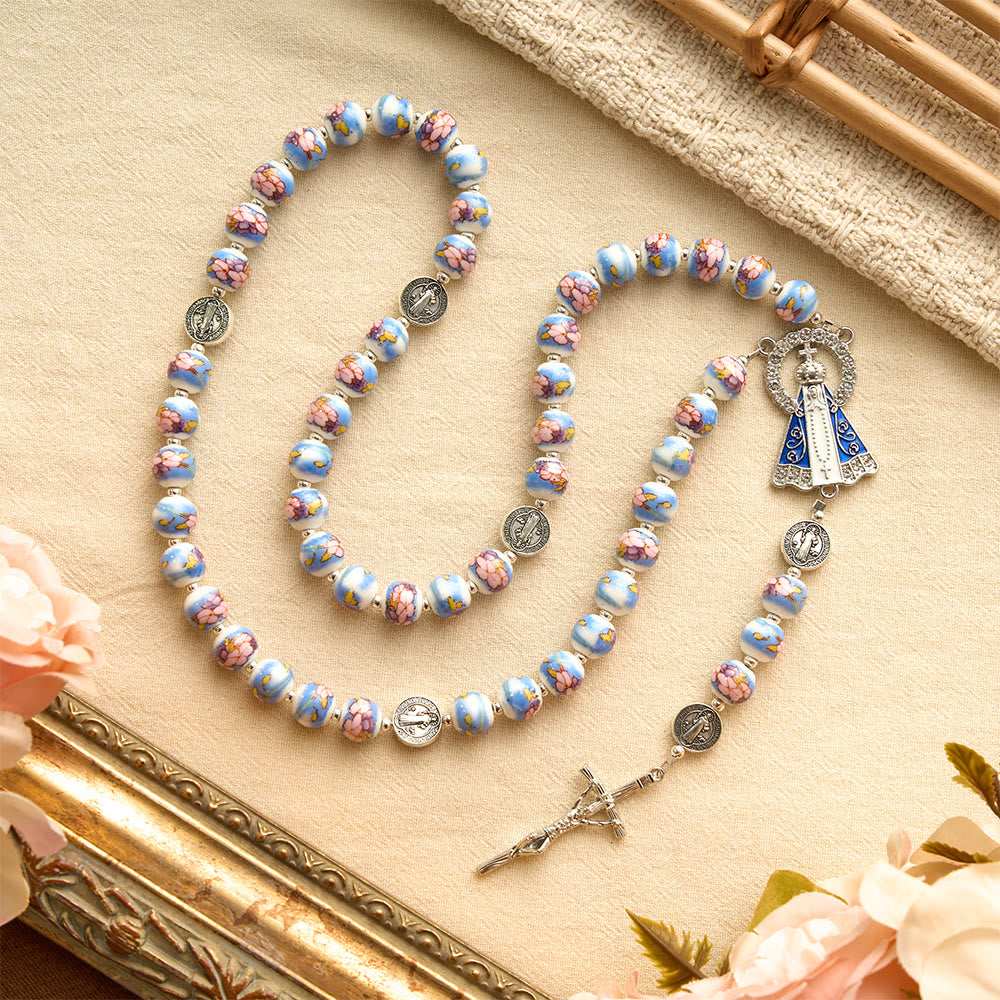 Blue & White Floral Ceramic Rosary with St. Benedict Medals & Our Lady