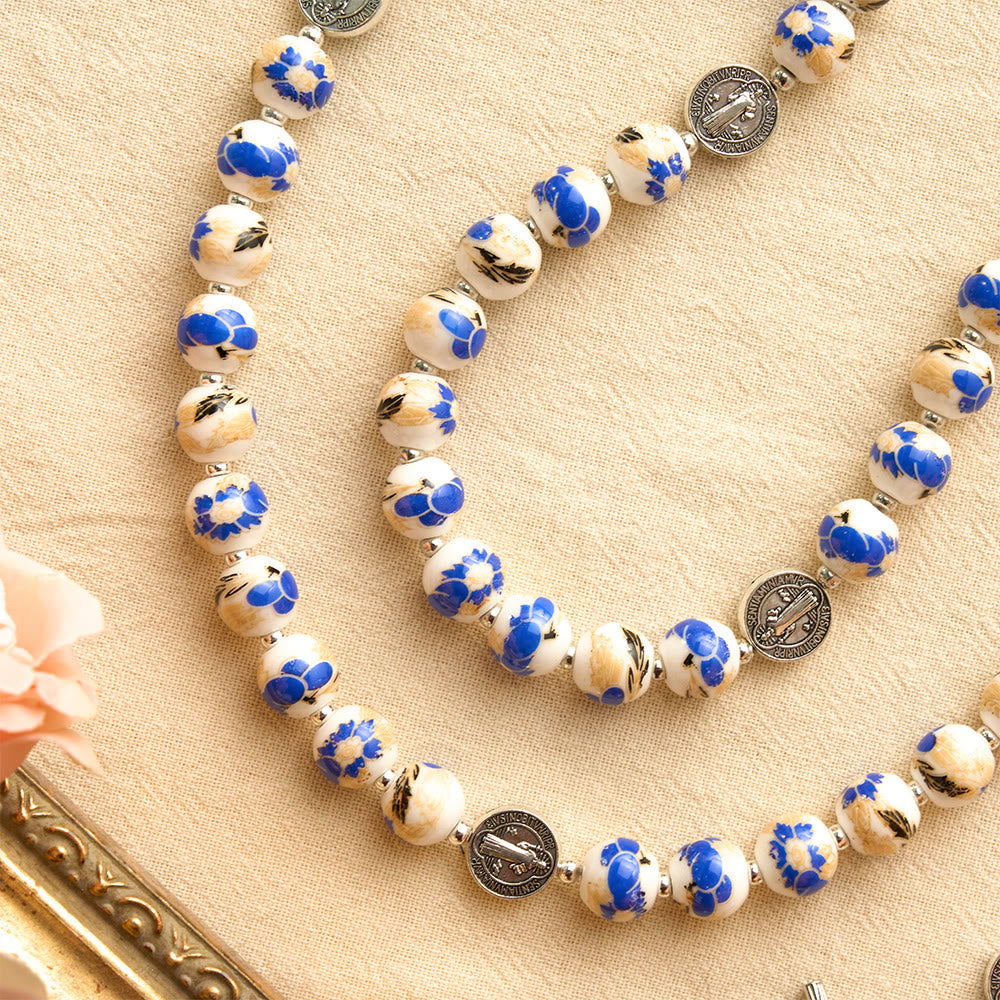 Blue & White Floral Ceramic Rosary with St. Benedict Medals & Our Lady