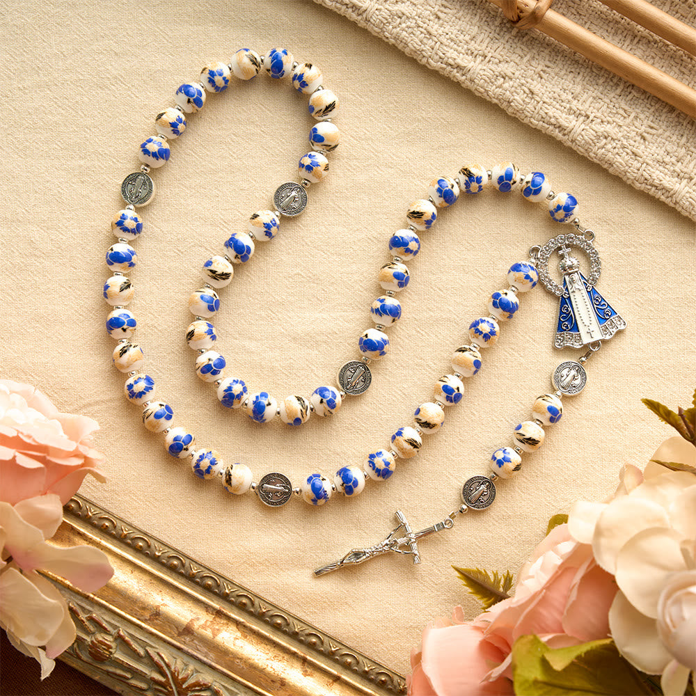 Blue & White Floral Ceramic Rosary with St. Benedict Medals & Our Lady