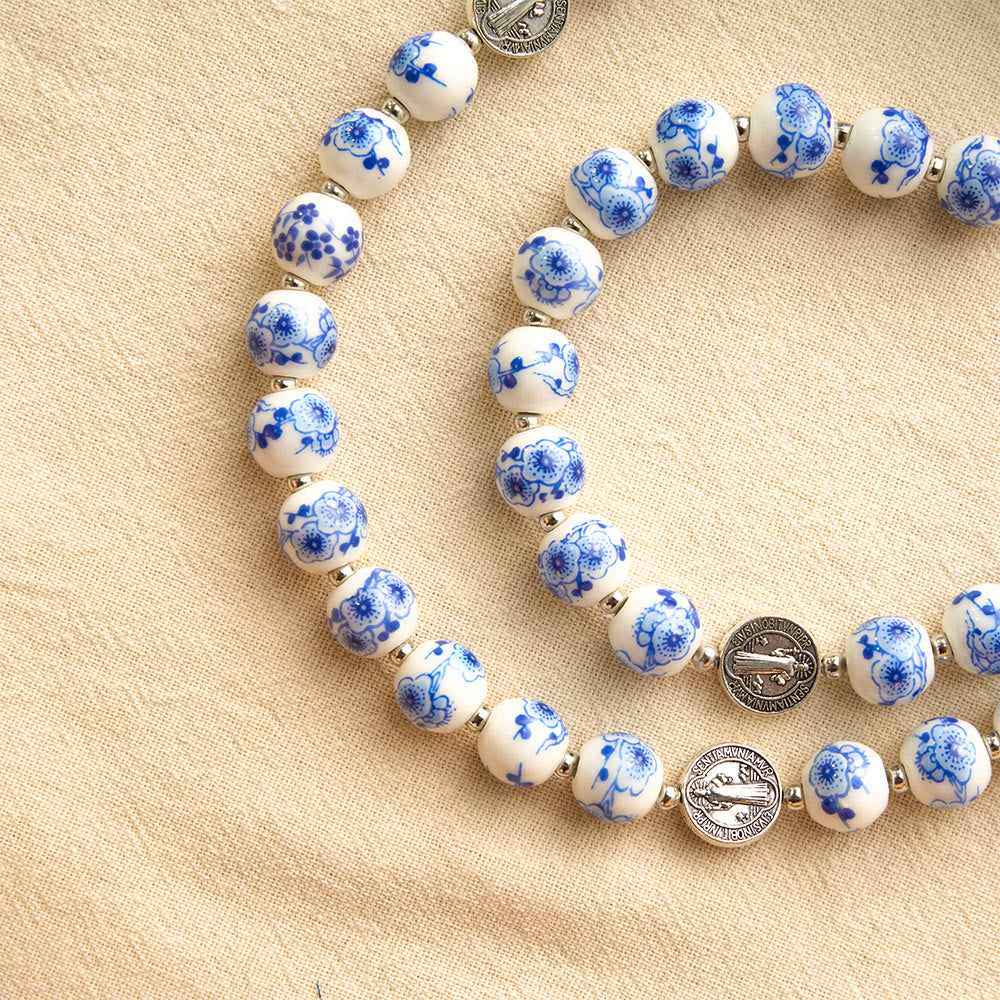 Blue & White Floral Ceramic Rosary with St. Benedict Medals & Our Lady