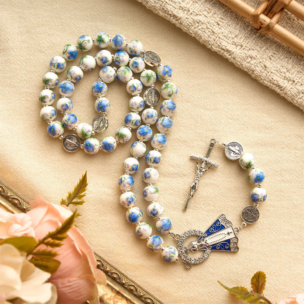 Blue & White Floral Ceramic Rosary with St. Benedict Medals & Our Lady