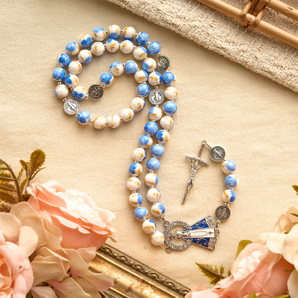 Blue & White Floral Ceramic Rosary with St. Benedict Medals & Our Lady