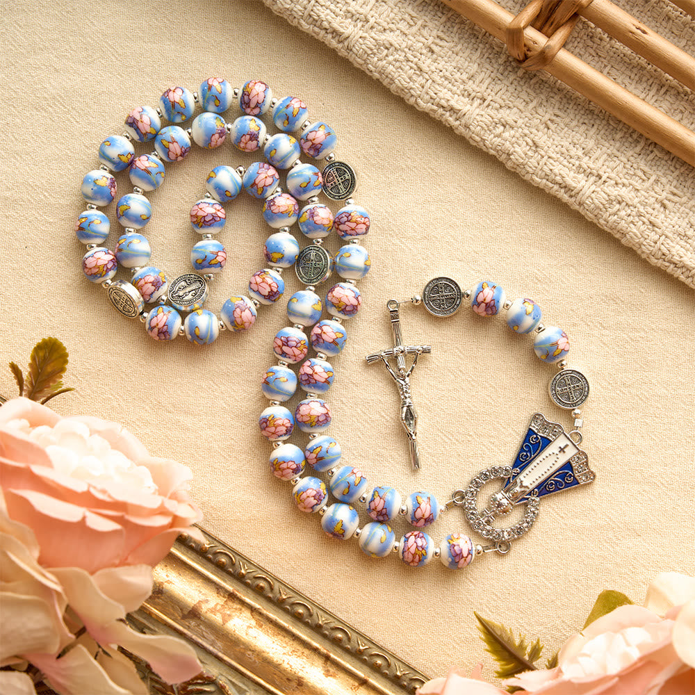 Blue & White Floral Ceramic Rosary with St. Benedict Medals & Our Lady