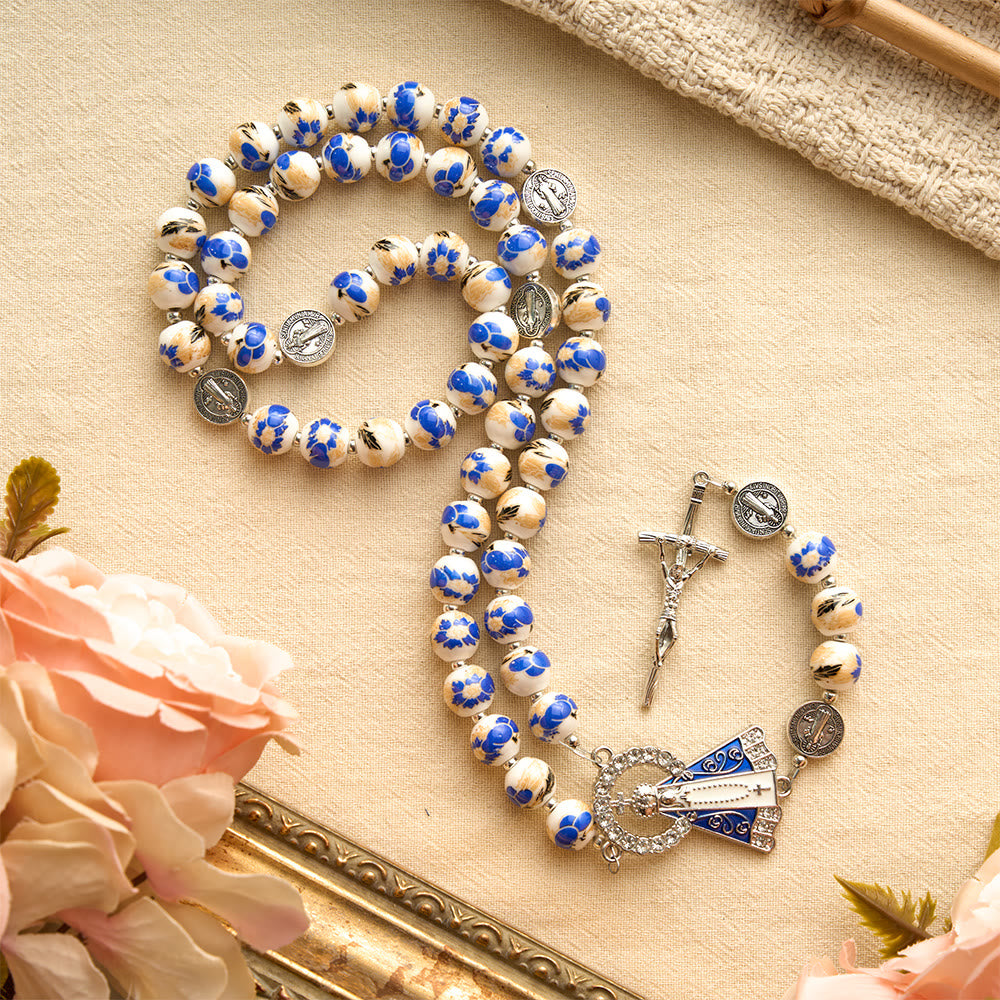Blue & White Floral Ceramic Rosary with St. Benedict Medals & Our Lady
