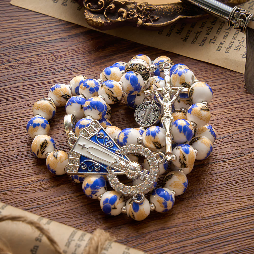 Blue & White Floral Ceramic Rosary with St. Benedict Medals & Our Lady