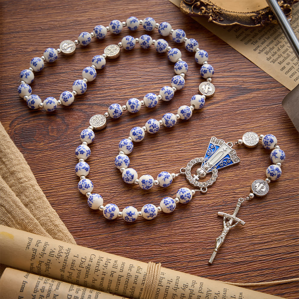 Blue & White Floral Ceramic Rosary with St. Benedict Medals & Our Lady