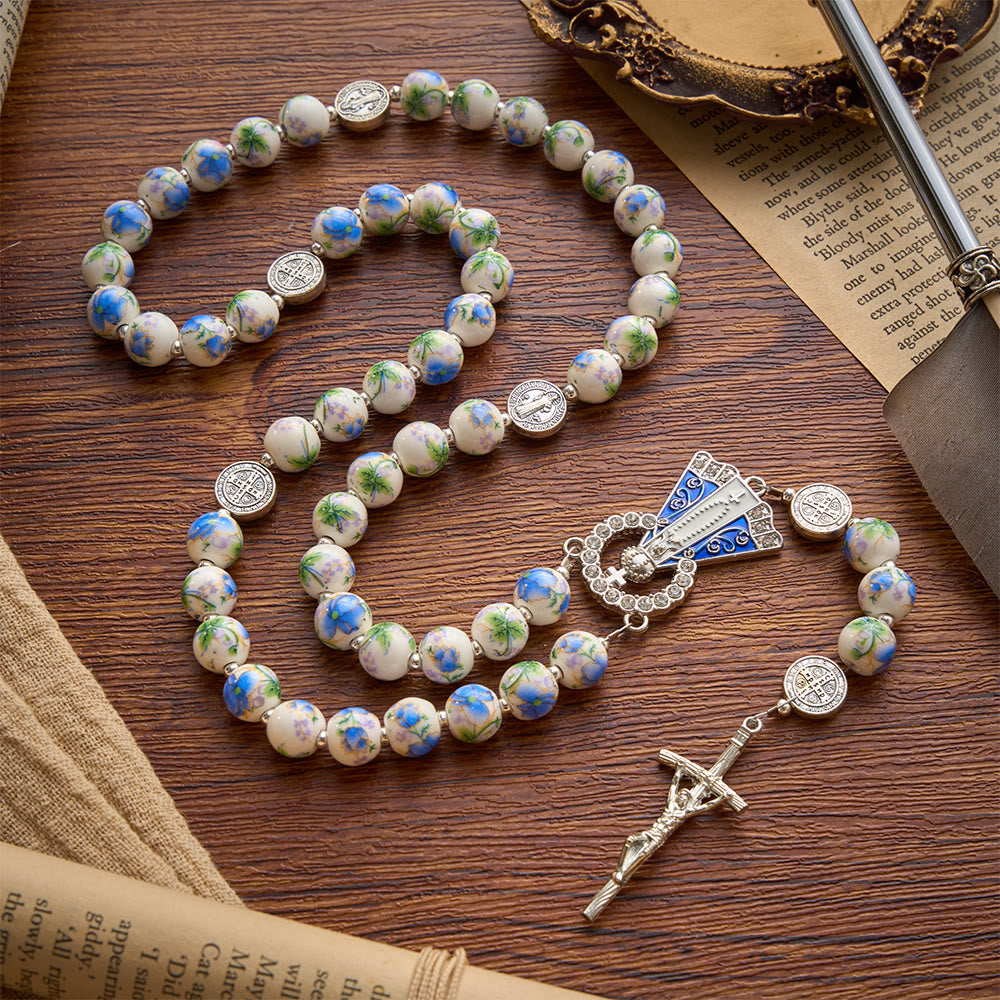 Blue & White Floral Ceramic Rosary with St. Benedict Medals & Our Lady
