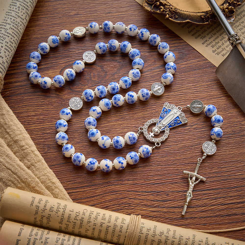 Blue & White Floral Ceramic Rosary with St. Benedict Medals & Our Lady