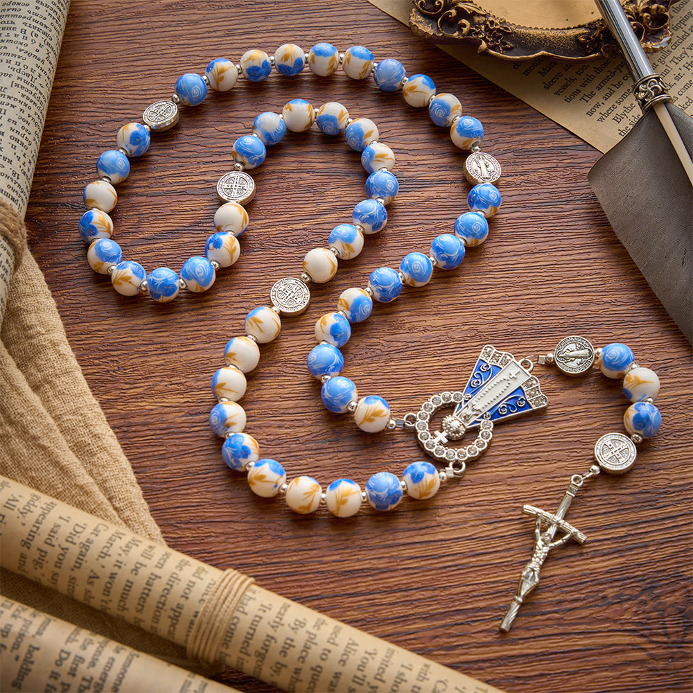 Blue & White Floral Ceramic Rosary with St. Benedict Medals & Our Lady