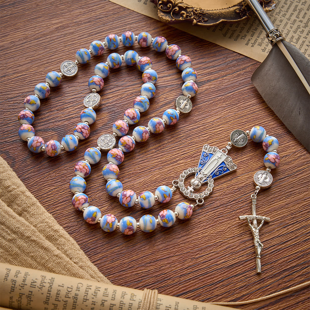 Blue & White Floral Ceramic Rosary with St. Benedict Medals & Our Lady