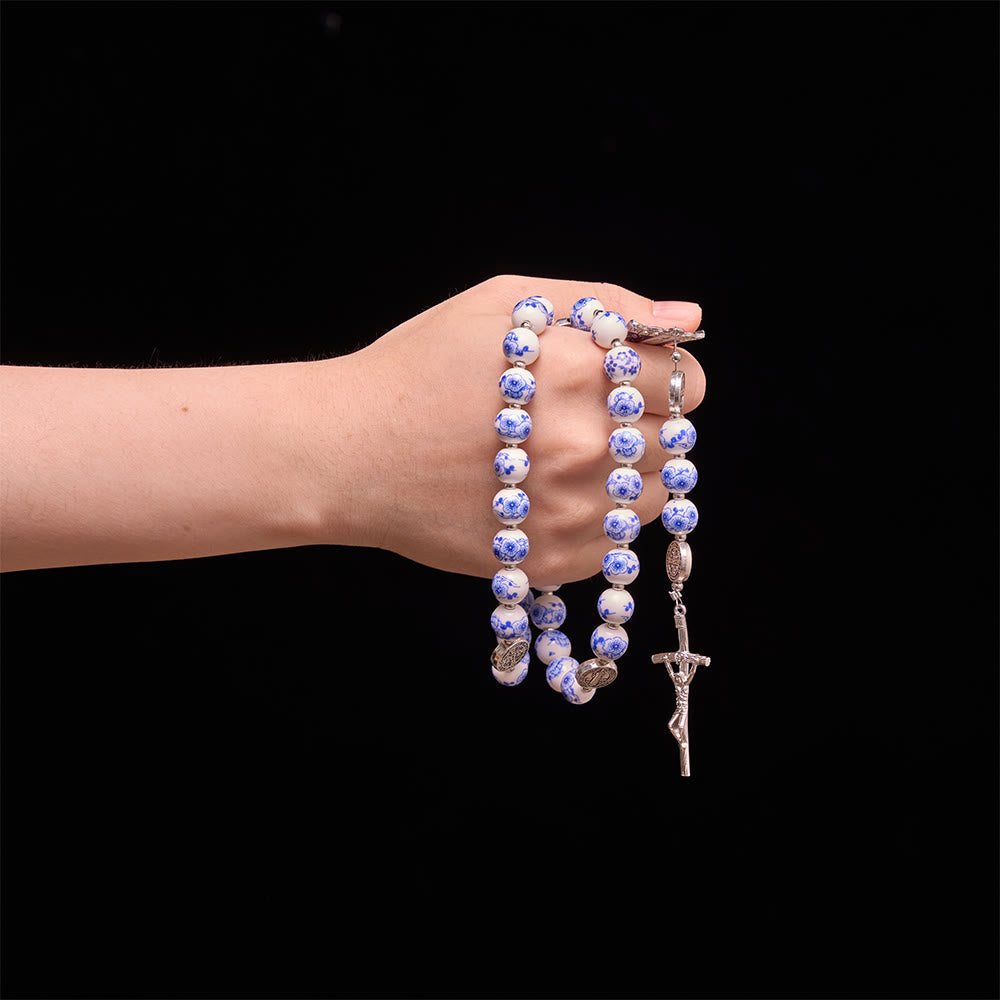 Blue & White Floral Ceramic Rosary with St. Benedict Medals & Our Lady