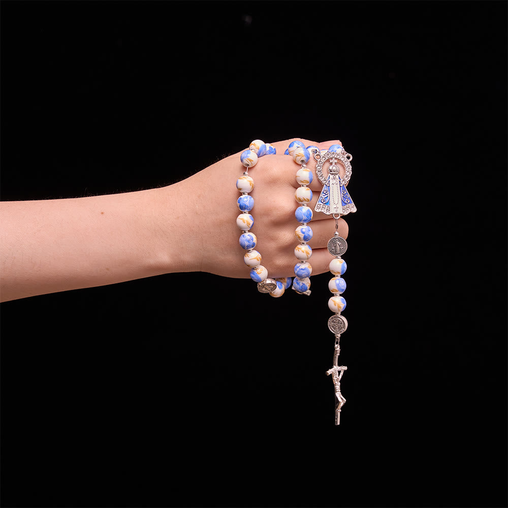 Blue & White Floral Ceramic Rosary with St. Benedict Medals & Our Lady