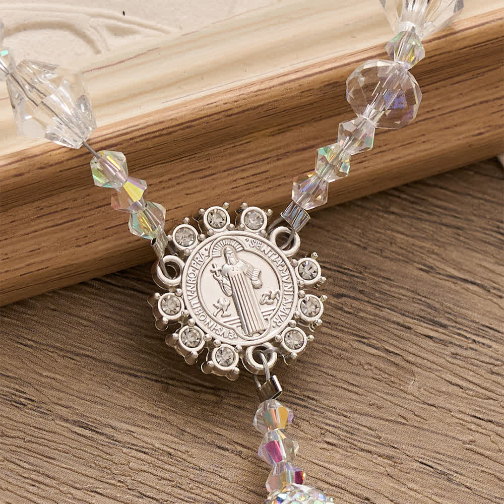 Clear Faceted Glass St.Benedict Rosary With Rhinestone Ornate Crucifix: Emblem of Radiant Heavenly Purity