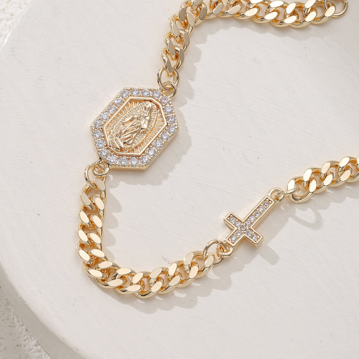 Dainty Cross Accent Portrait Cuban Bracelet: Meaningful Sacred Wrist Accessory