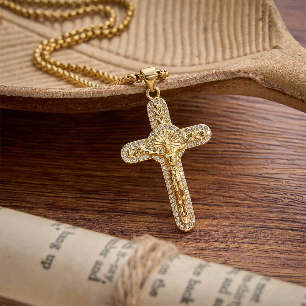 Sparkling Pave Crystal Crucifix Box Chain Necklace: Emblem of Timeless Sacrificial Love
