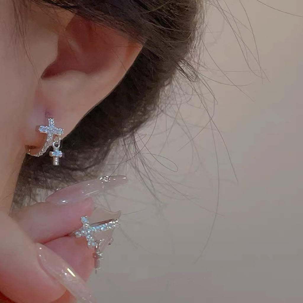 Double Cross Paved Crystal Hoop Earrings: Emblem of Gentle Heavenly Blessings