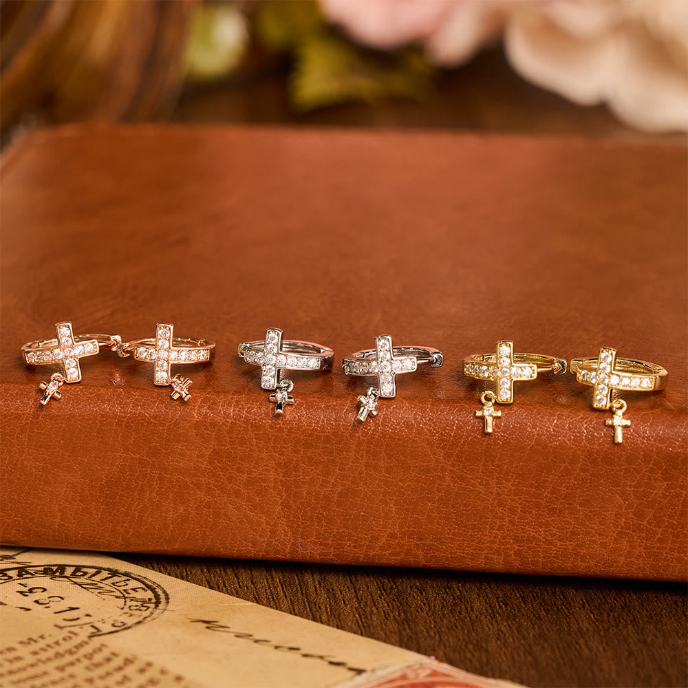Double Cross Paved Crystal Hoop Earrings: Emblem of Gentle Heavenly Blessings