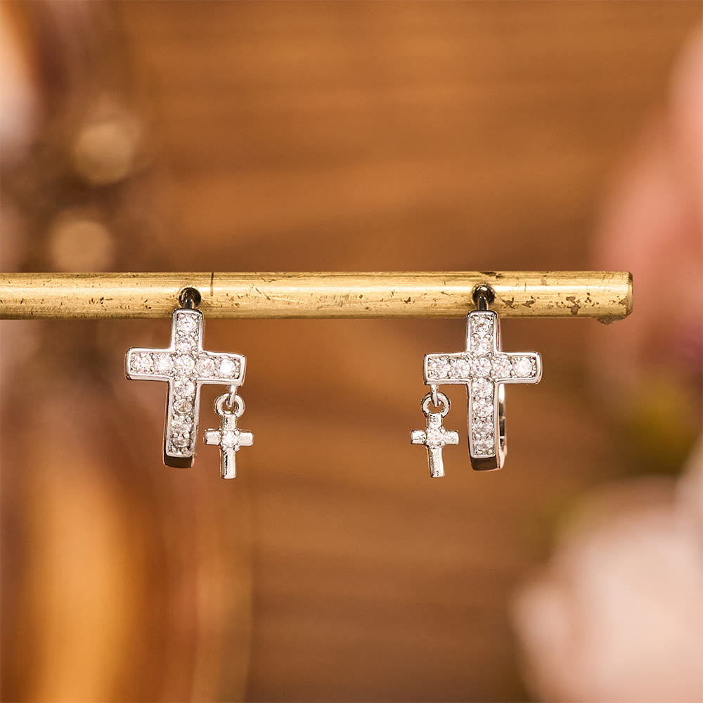 Double Cross Paved Crystal Hoop Earrings: Emblem of Gentle Heavenly Blessings