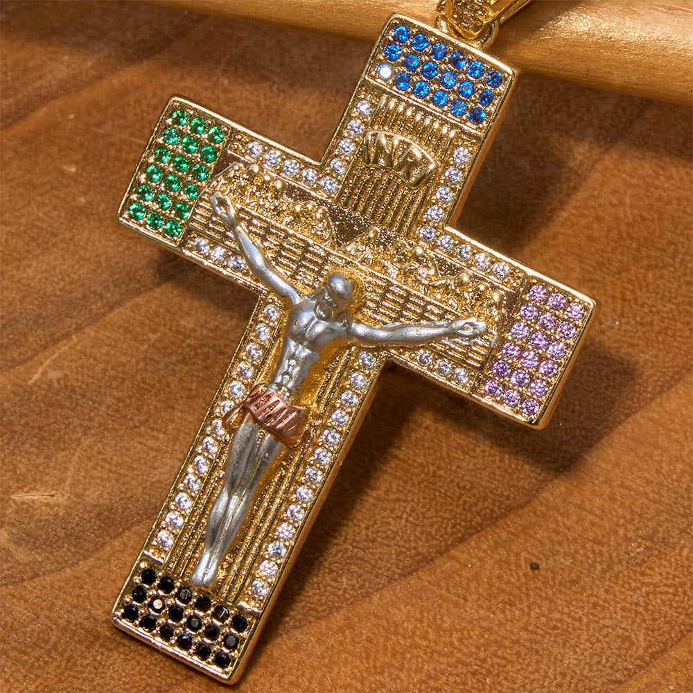 Iced Multihued Crystal Sculpted Crucifix Necklace: Token of Boundless Heavenly Mercy