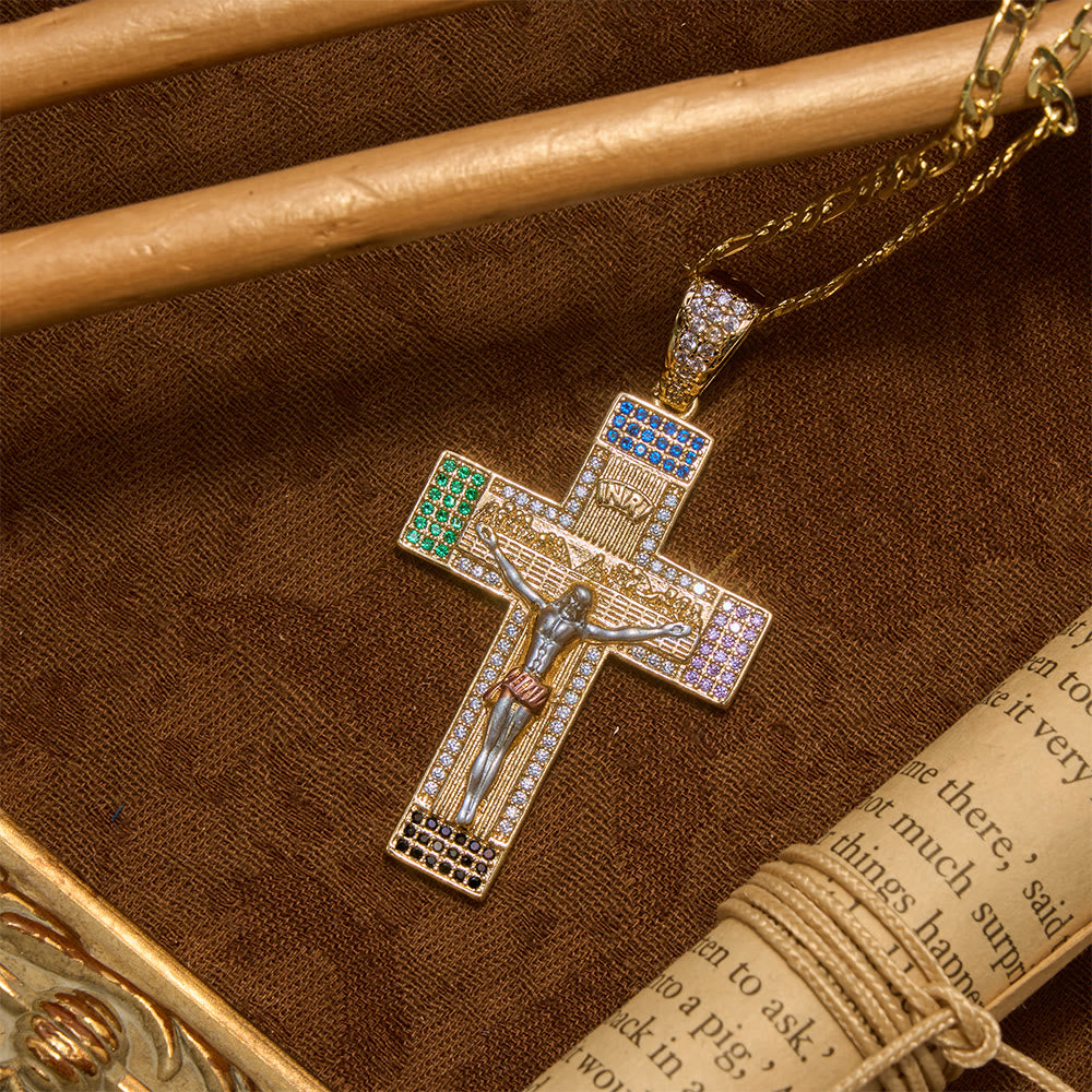 Iced Multihued Crystal Sculpted Crucifix Necklace: Token of Boundless Heavenly Mercy