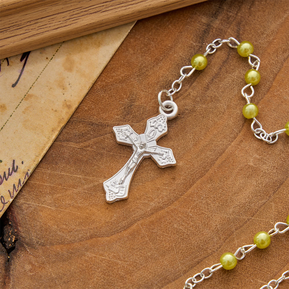Smooth Bead Metal Chain Rosary With Detailed Crucifix: Emblem of Quiet Heavenly Mercy